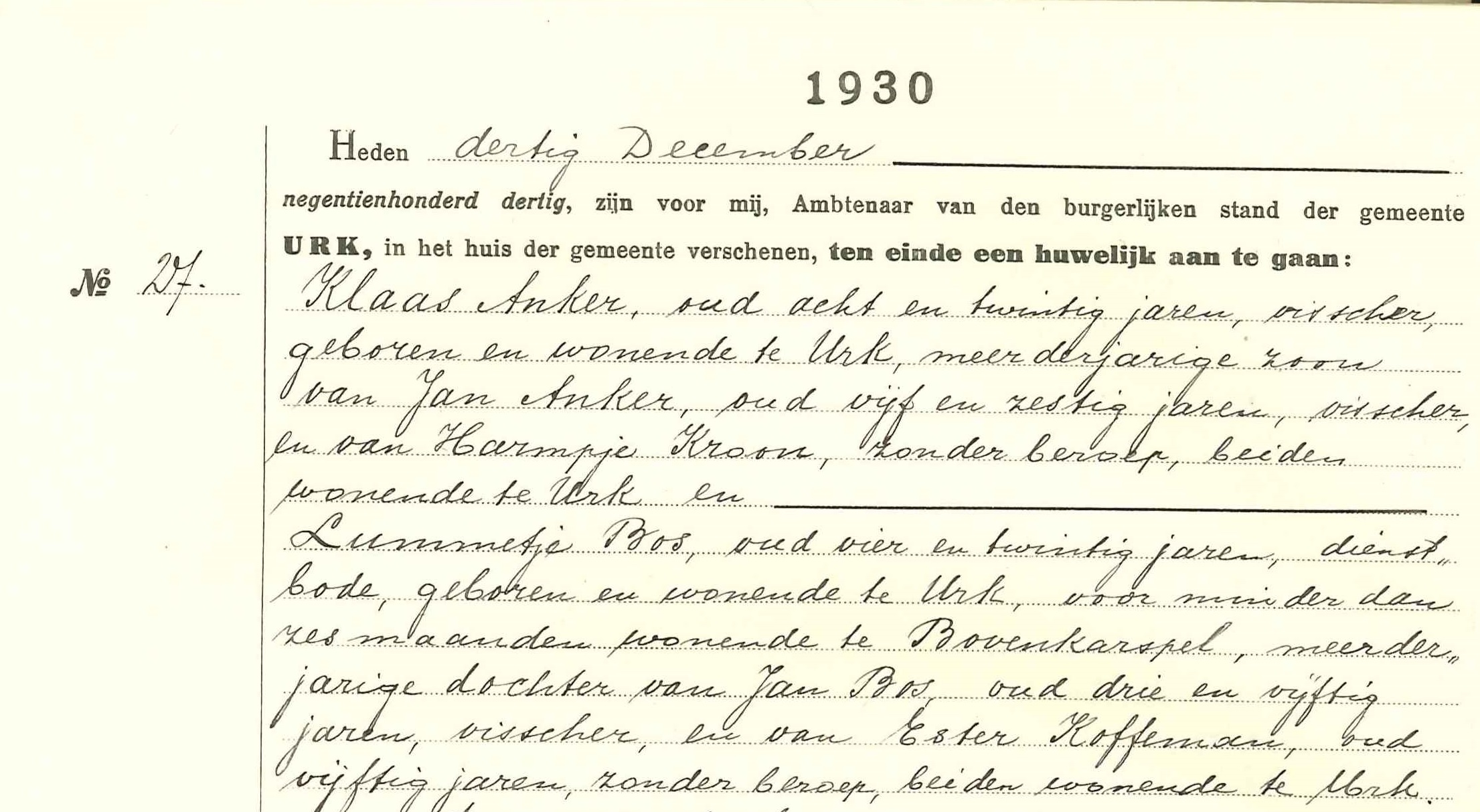 Huwelijksakte van Lummetje Anker-Bos en Klaas Anker