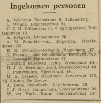 Gedeelte uit de Heldersche Courant van 24 oktober 1938 met het adres van J. Baarssen