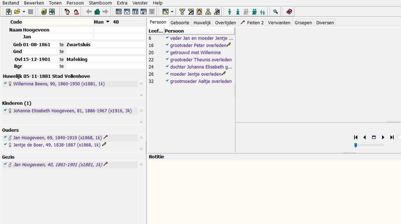 Screenshot van het programma Aldfaer, waarmee een stamboom georganiseerd kan worden.