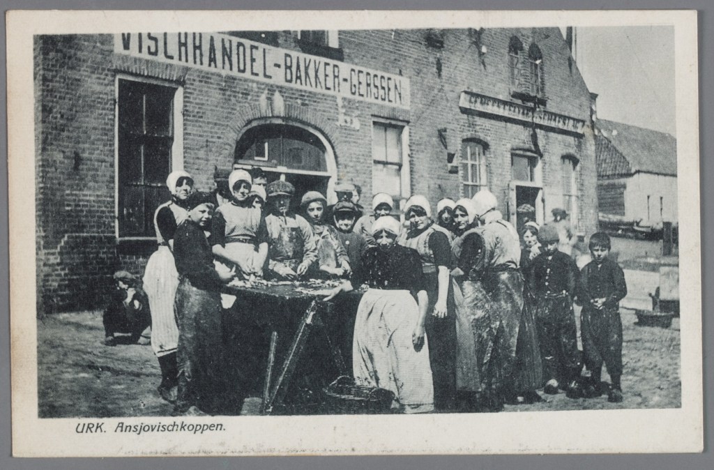 Oude ansichtkaart van Urk met de titel 'Ansjovischkoppen'. Op de achtergrond de Vischhandel Bakker-Gerssen en rechts daarvan de Gemeentelijke Vischafslag van Urk