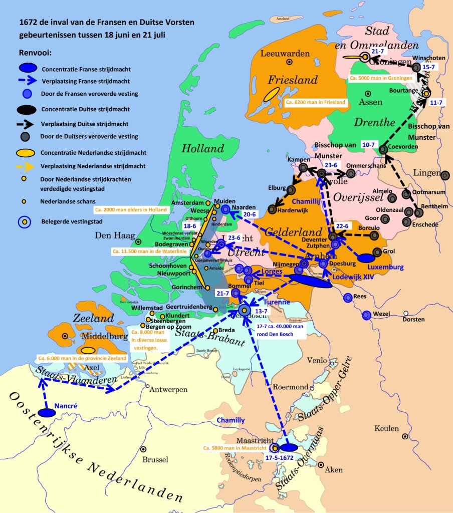 Kaart van het Rampjaar (1672). De aanvallen van Zonnekoning Lodewijk XIV en de bisschop van Munster (Bommenberend) zijn goed zichtbaar